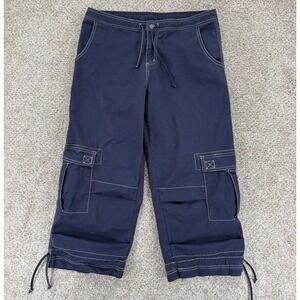 PrAna Cargo Capri Pants Women's Large Navy Blue Drawstring Waist Cotton Spandex